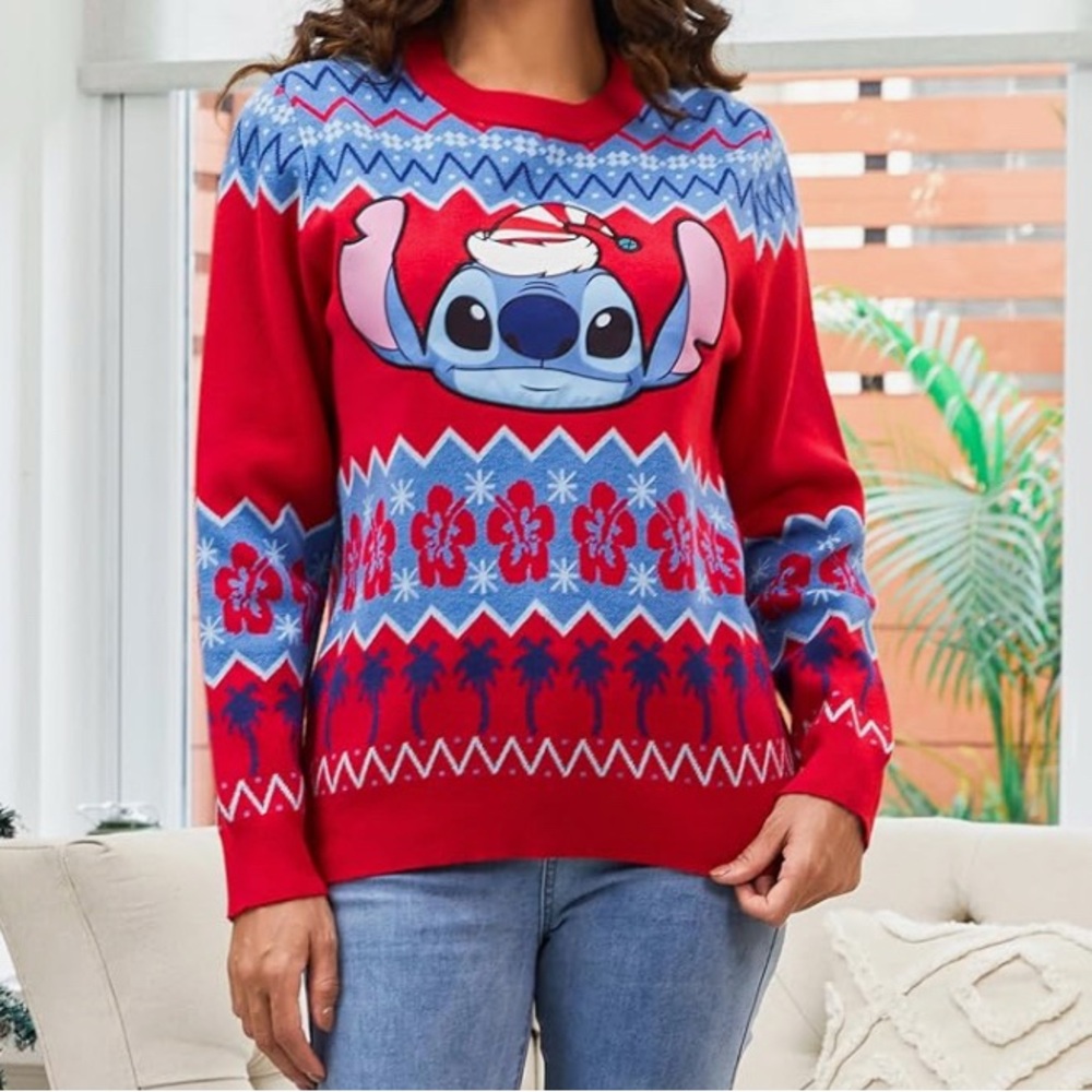 Disney Women Stitch Christmas Snow Long Sleeve Crew Neck Pullover Sweater Tops